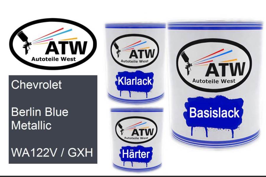 Chevrolet, Berlin Blue Metallic, WA122V / GXH: 1L Lackdose + 1L Klarlack + 500ml Härter - Set, von ATW Autoteile West.